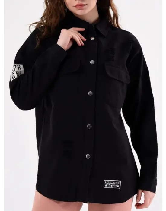 Omarı Yıpratma Detaylı Siyah Çıtçıtlı Kot Ceket