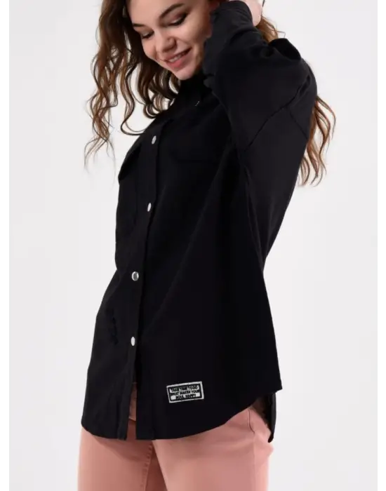 Omarı Yıpratma Detaylı Siyah Çıtçıtlı Kot Ceket