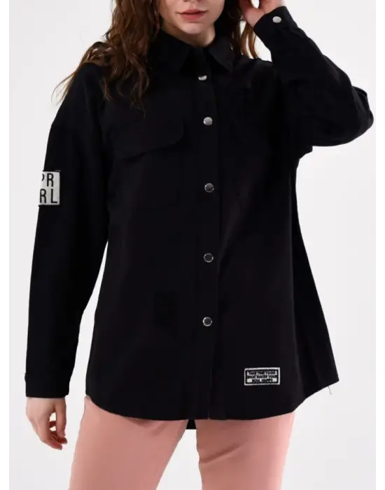 Omarı Yıpratma Detaylı Siyah Çıtçıtlı Kot Ceket