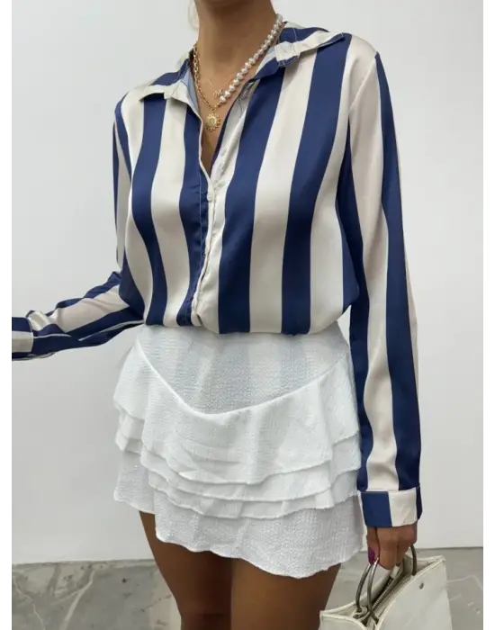 Boydan Düğmeli Arkası Uzun Saten Gömlek-Laci