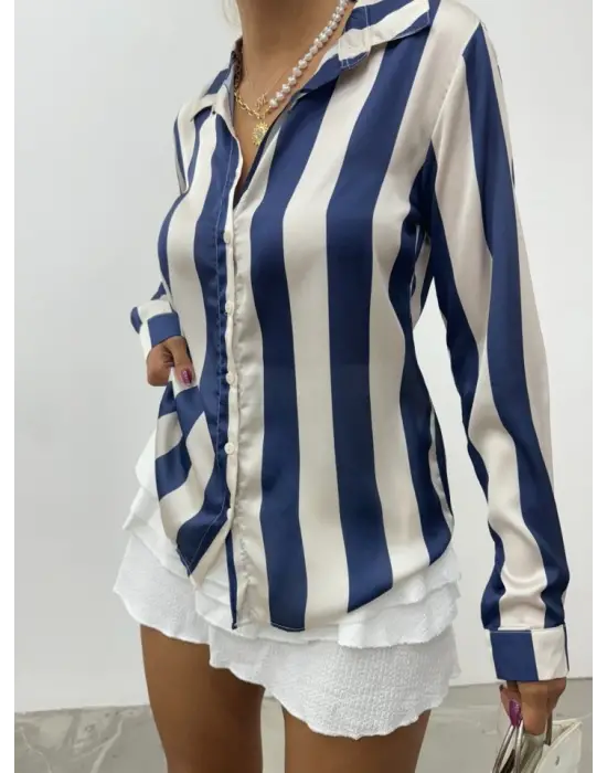 Boydan Düğmeli Arkası Uzun Saten Gömlek-Laci