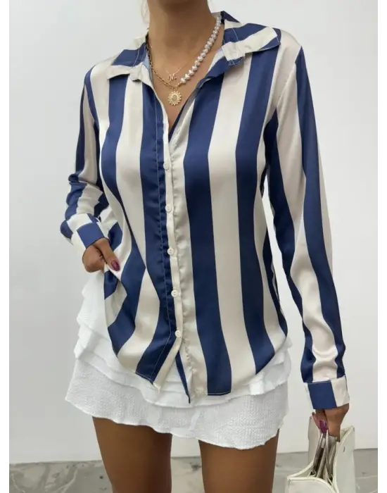 Boydan Düğmeli Arkası Uzun Saten Gömlek-Laci