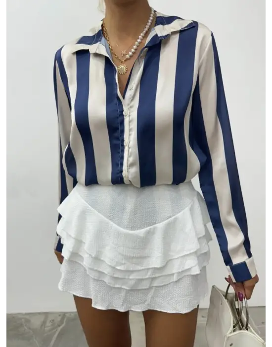 Boydan Düğmeli Arkası Uzun Saten Gömlek-Laci