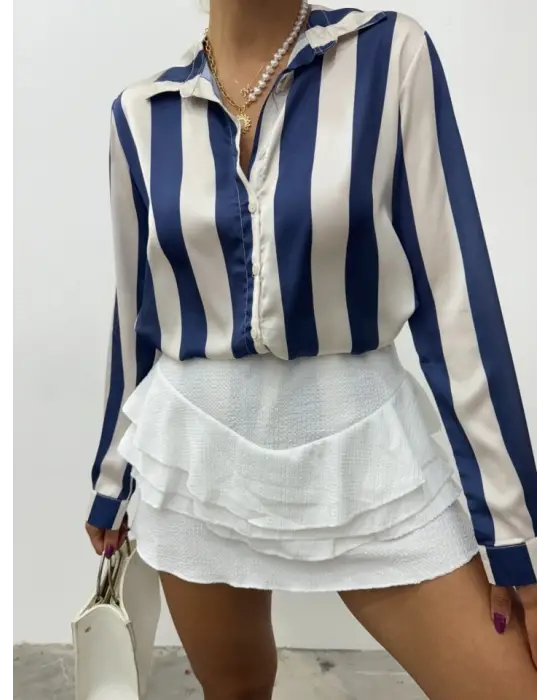 Boydan Düğmeli Arkası Uzun Saten Gömlek-Laci