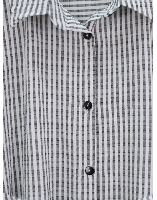 Boydan Düğmeli Bağcıklı Çizgili Bürümcük Gömlek -Gri