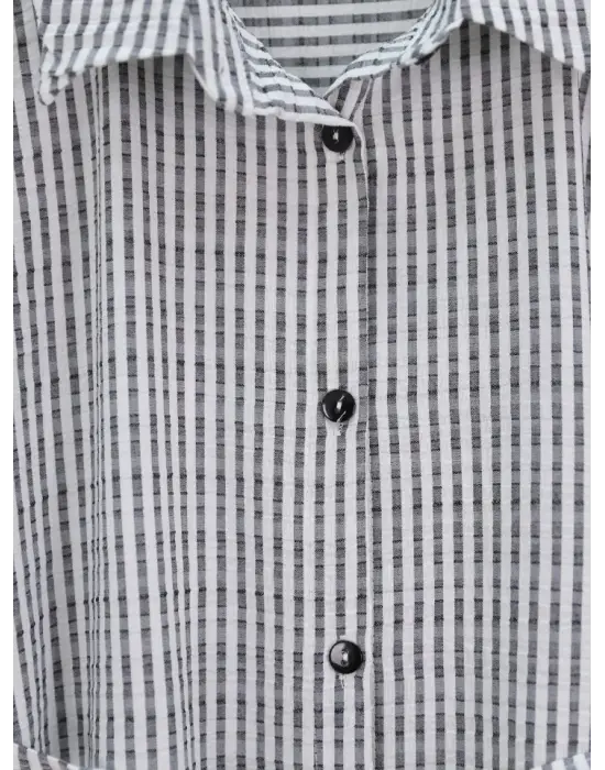 Omarı Çizgili Bürümcük Gömlek - Gri