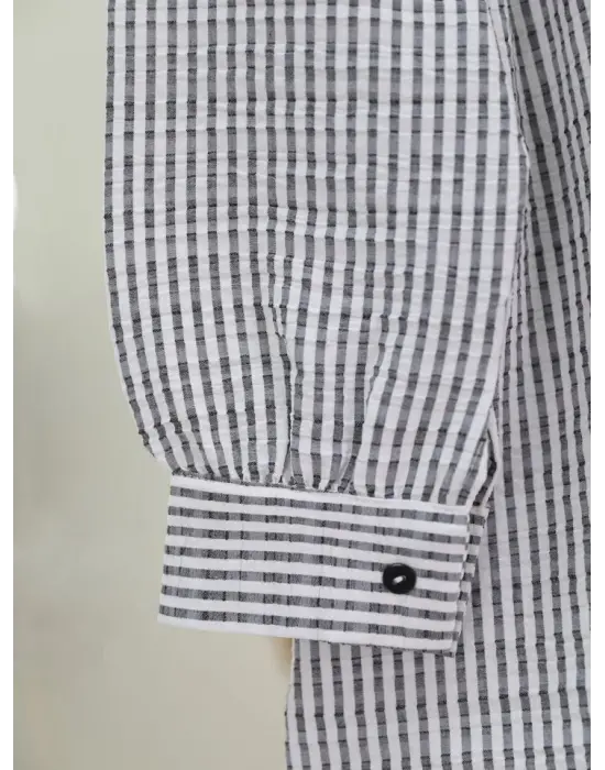 Boydan Düğmeli Bağcıklı Çizgili Bürümcük Gömlek -Gri