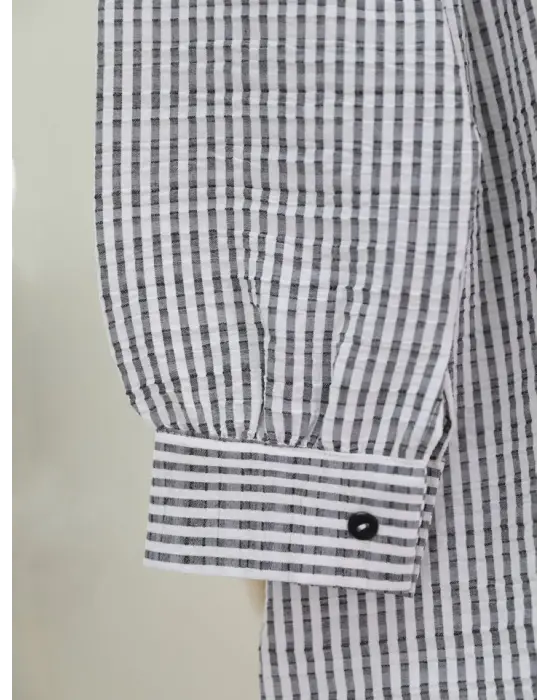 Omarı Çizgili Bürümcük Gömlek - Gri