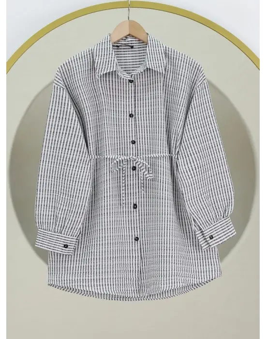 Omarı Çizgili Bürümcük Gömlek - Gri