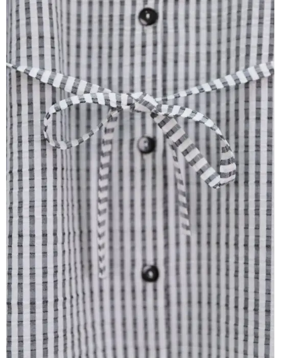 Boydan Düğmeli Bağcıklı Çizgili Bürümcük Gömlek -Gri