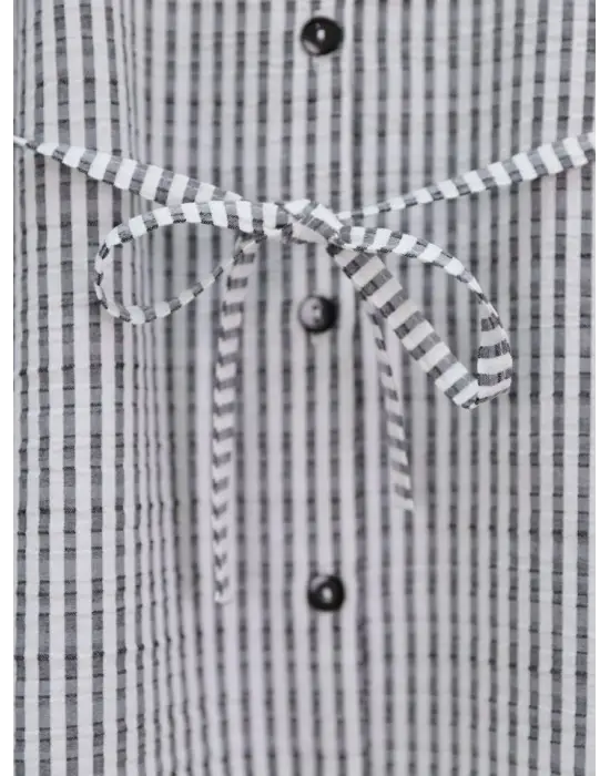 Omarı Çizgili Bürümcük Gömlek - Gri