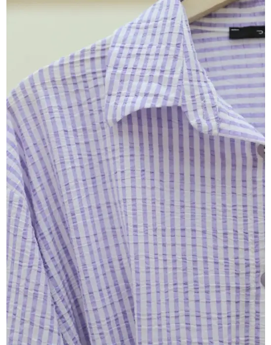 Omarı İnce Çizgili Bürümcük Gömlek - Lila