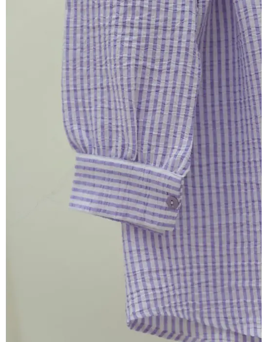 Boydan Düğmeli Bağcıklı Çizgili Bürümcük Gömlek -Lila