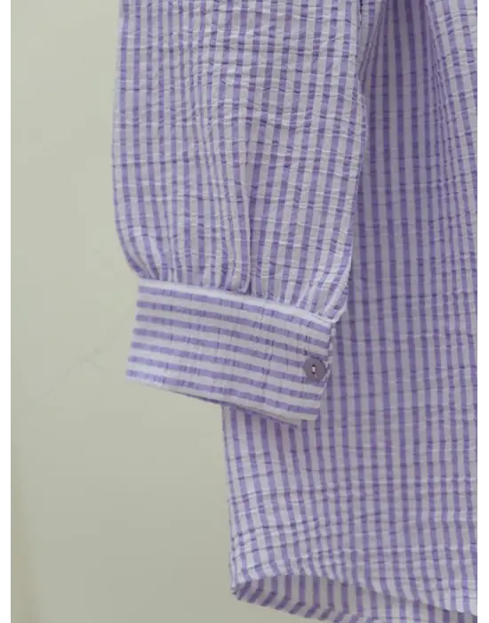 Omarı İnce Çizgili Bürümcük Gömlek - Lila