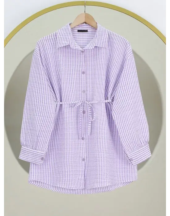 Omarı İnce Çizgili Bürümcük Gömlek - Lila