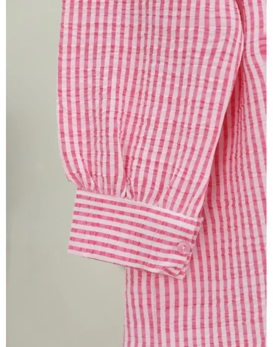 Boydan Düğmeli Bağcıklı Çizgili Bürümcük Gömlek -Pembe