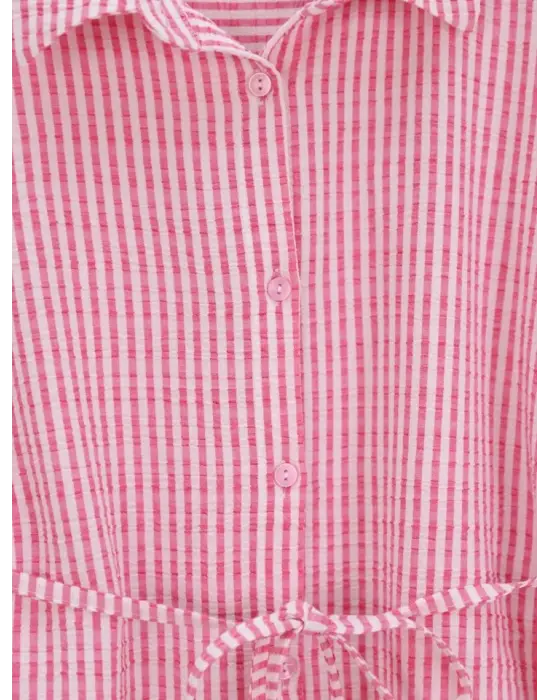 Boydan Düğmeli Bağcıklı Çizgili Bürümcük Gömlek -Pembe