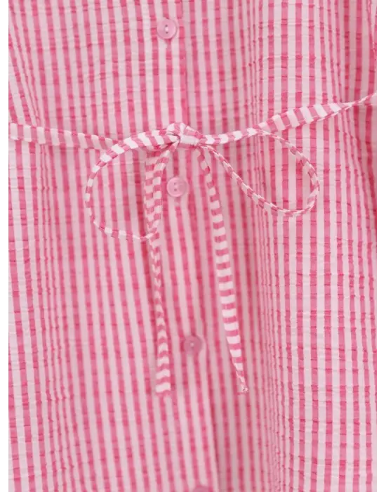 Boydan Düğmeli Bağcıklı Çizgili Bürümcük Gömlek -Pembe
