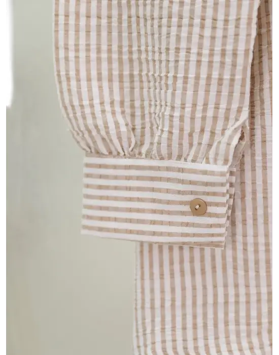 Omarı Çizgili Bürümcük Gömlek -Vizon