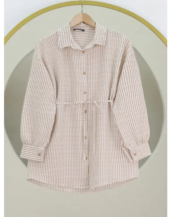 Omarı Çizgili Bürümcük Gömlek -Vizon