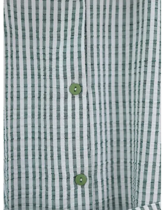 Boydan Düğmeli Bağcıklı Çizgili Bürümcük Gömlek -Yeşil