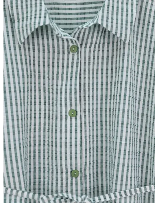 Boydan Düğmeli Bağcıklı Çizgili Bürümcük Gömlek -Yeşil