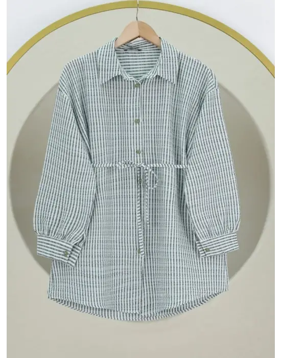 Boydan Düğmeli Bağcıklı Çizgili Bürümcük Gömlek -Yeşil