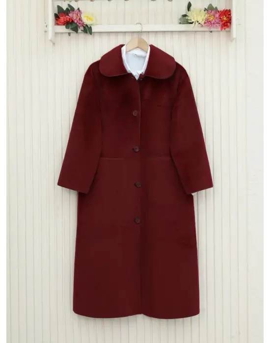 Boydan Düğmeli Cepli Kaban  -Bordo