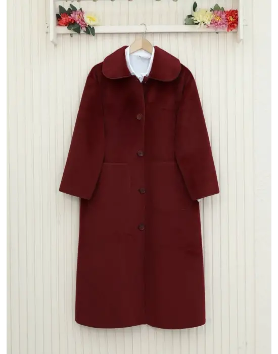 Boydan Düğmeli Cepli Kaban  -Bordo