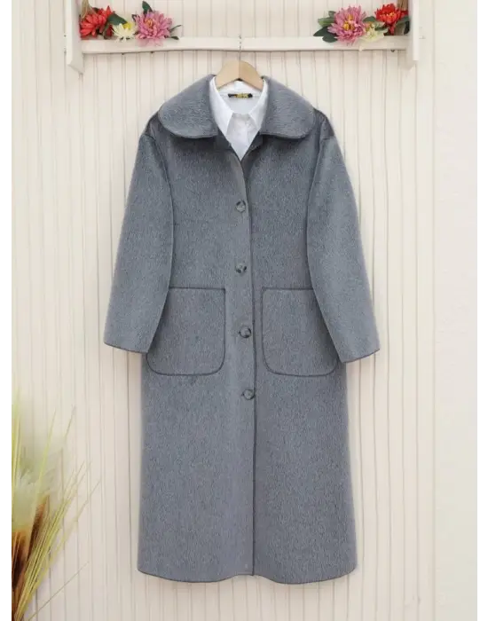 Boydan Düğmeli Cepli Kaban -Füme