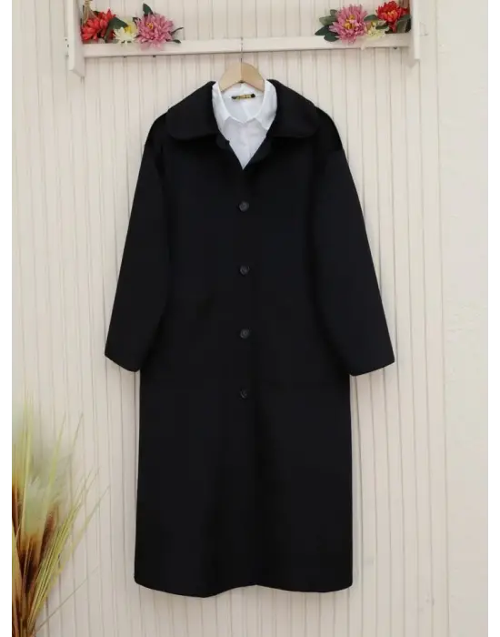 Boydan Düğmeli Cepli Kaban -Siyah