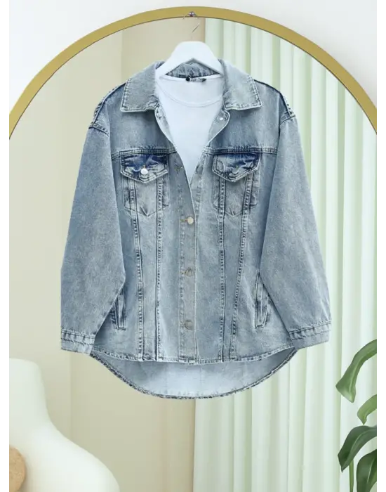 Omarı Boydan Düğmeli Kot Ceket - Buz Mavi Trendi