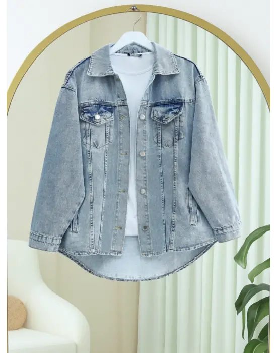 Omarı Boydan Düğmeli Kot Ceket - Buz Mavi Trendi