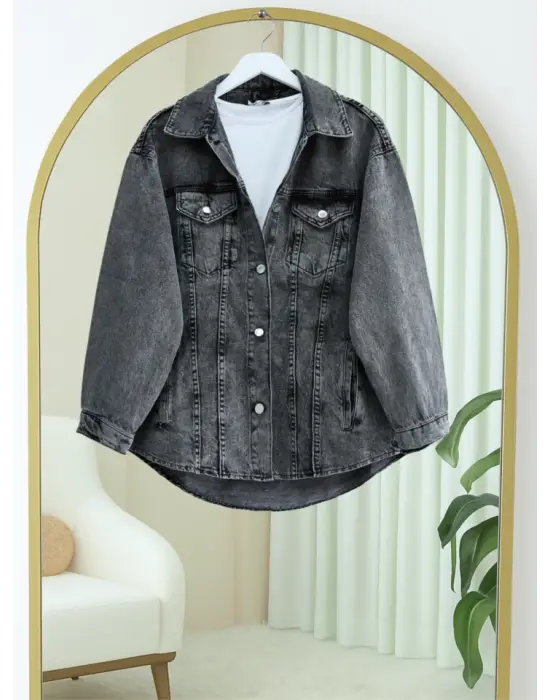 Omarı Füme Renkli Boydan Düğmeli Kot Ceket