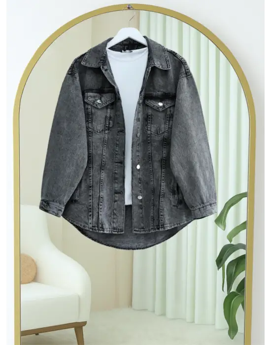 Omarı Füme Renkli Boydan Düğmeli Kot Ceket