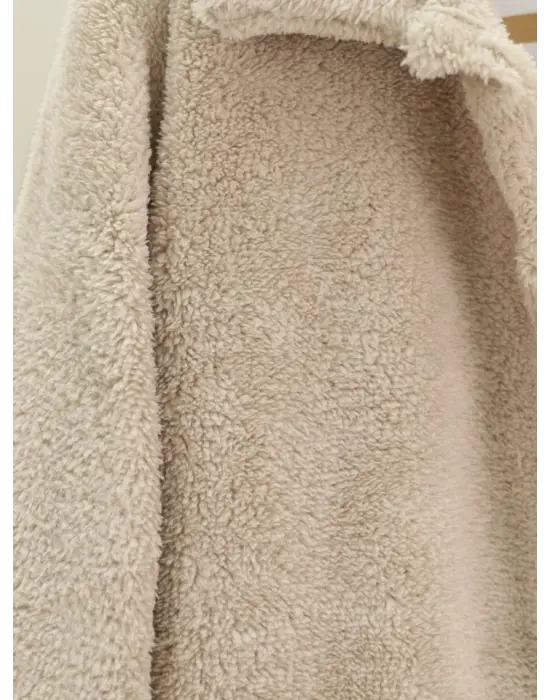 Boydan Düğmeli Cepli Pelüş Ceket -Açık Vizon