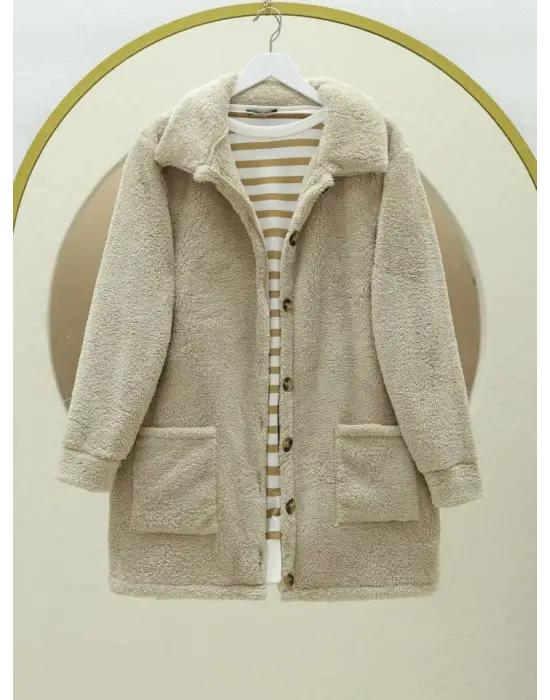 Boydan Düğmeli Cepli Pelüş Ceket -Açık Vizon