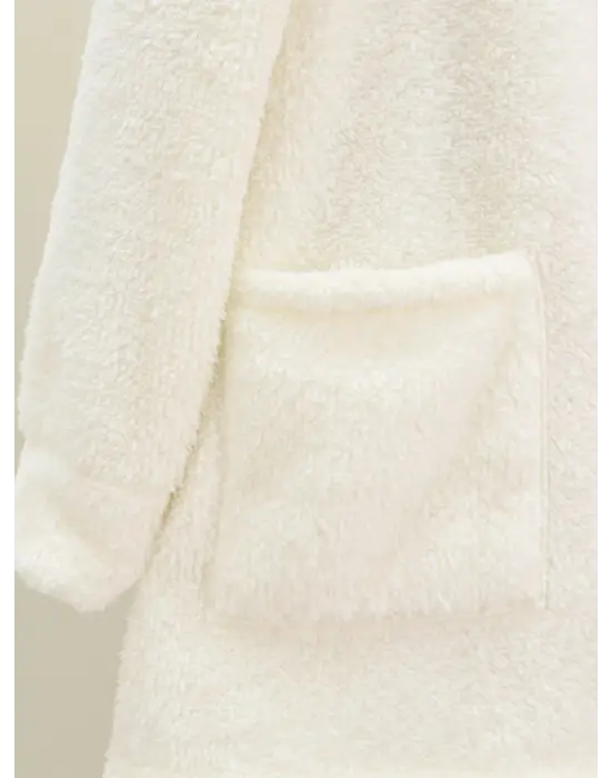 Boydan Düğmeli Cepli Pelüş Ceket -Ekru