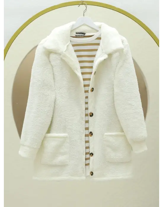 Boydan Düğmeli Cepli Pelüş Ceket -Ekru