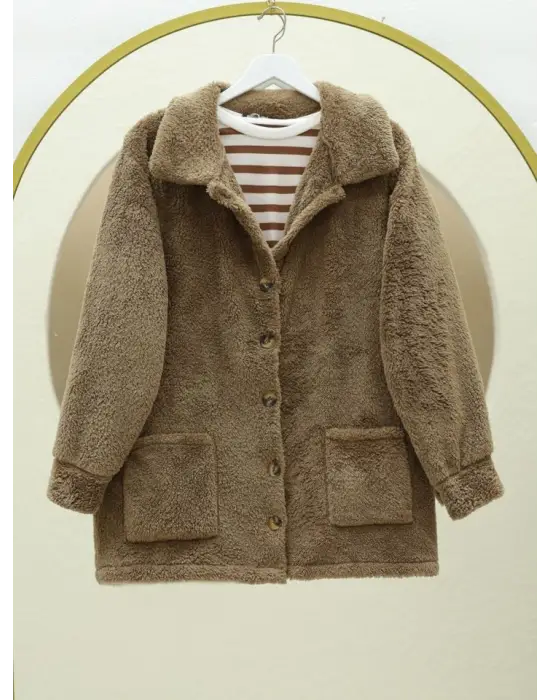 Boydan Düğmeli Cepli Pelüş Ceket -Kahve