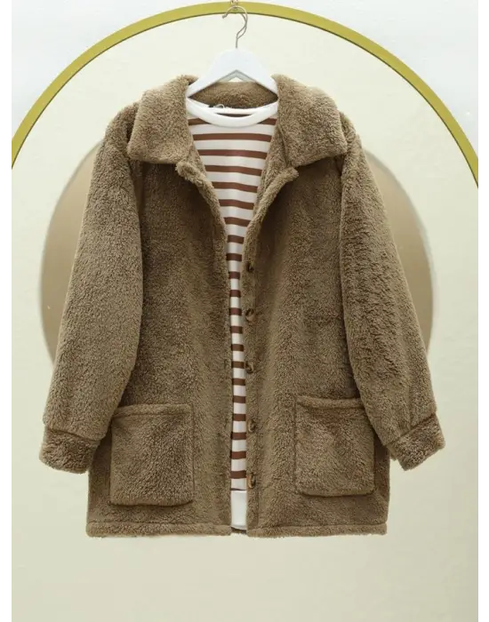 Boydan Düğmeli Cepli Pelüş Ceket -Kahve