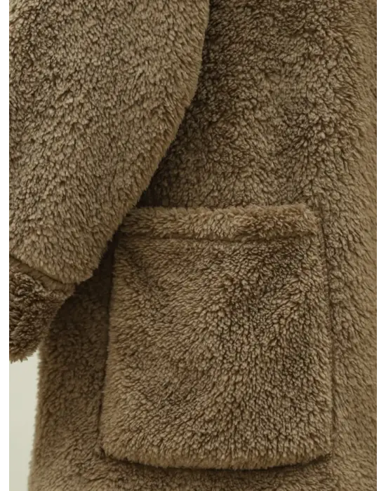 Boydan Düğmeli Cepli Pelüş Ceket -Kahve