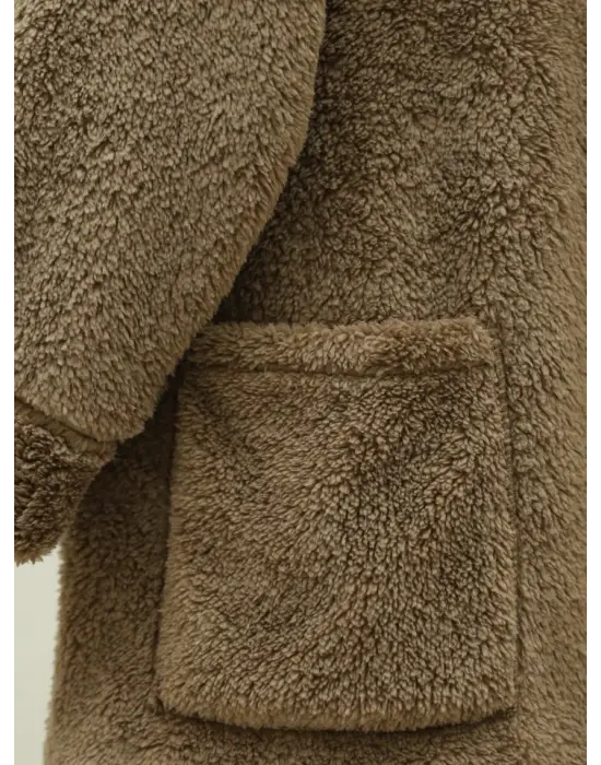 Boydan Düğmeli Cepli Pelüş Ceket -Kahve