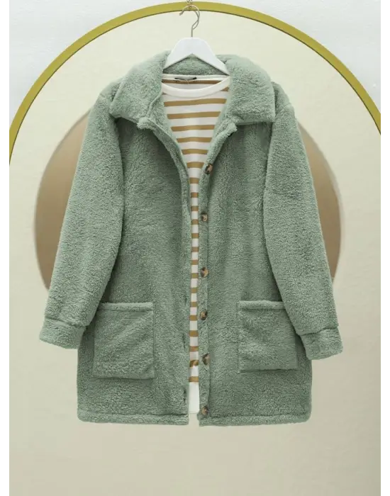 Mint Boydan Düğmeli Cepli Pelüş Ceket