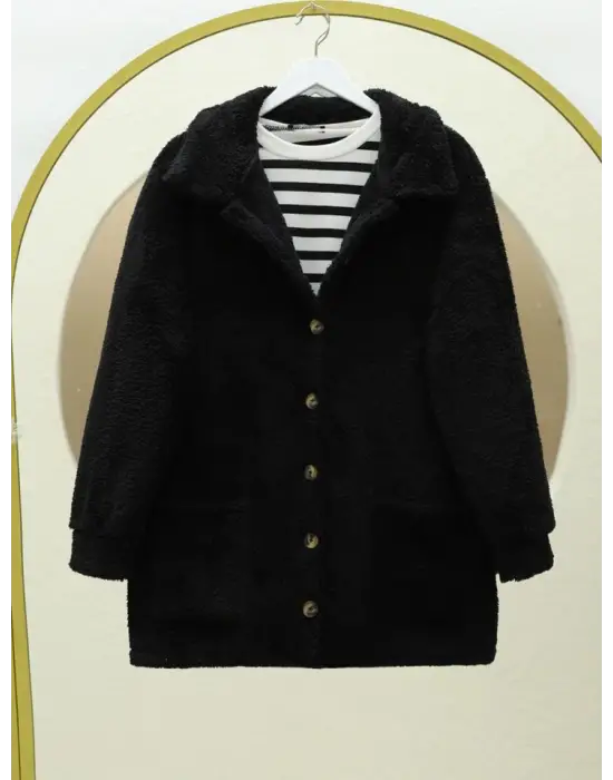 Siyah Boydan Düğmeli Cepli Pelüş Ceket