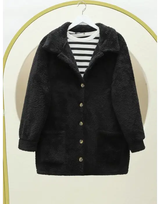 Siyah Boydan Düğmeli Cepli Pelüş Ceket