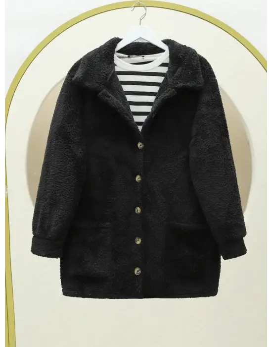 Boydan Düğmeli Cepli Pelüş Ceket -Siyah