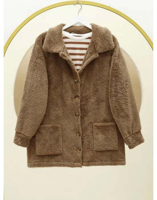 Boydan Düğmeli Cepli Pelüş Ceket    -Taba