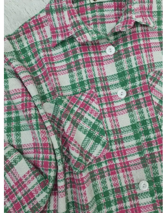 Boydan Düğmeli Çift Cepli Tüvit Gömlek  -Pembe