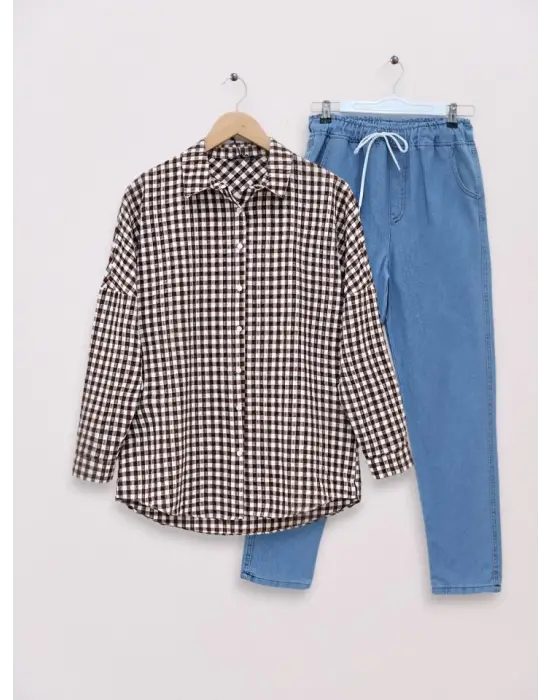 Omarı Kahve Renkli Boydan Düğmeli Gofre Gömlek